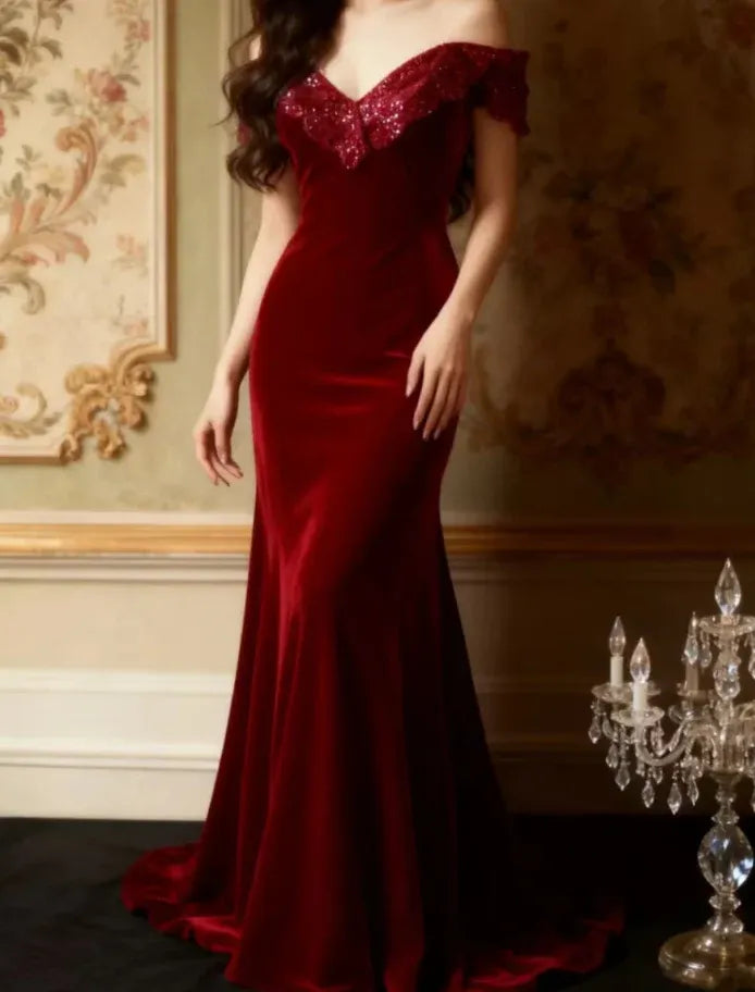 Glamorous Mermaid Off-Shoulder Sequin Velvet Burgundy Train Prom Dress