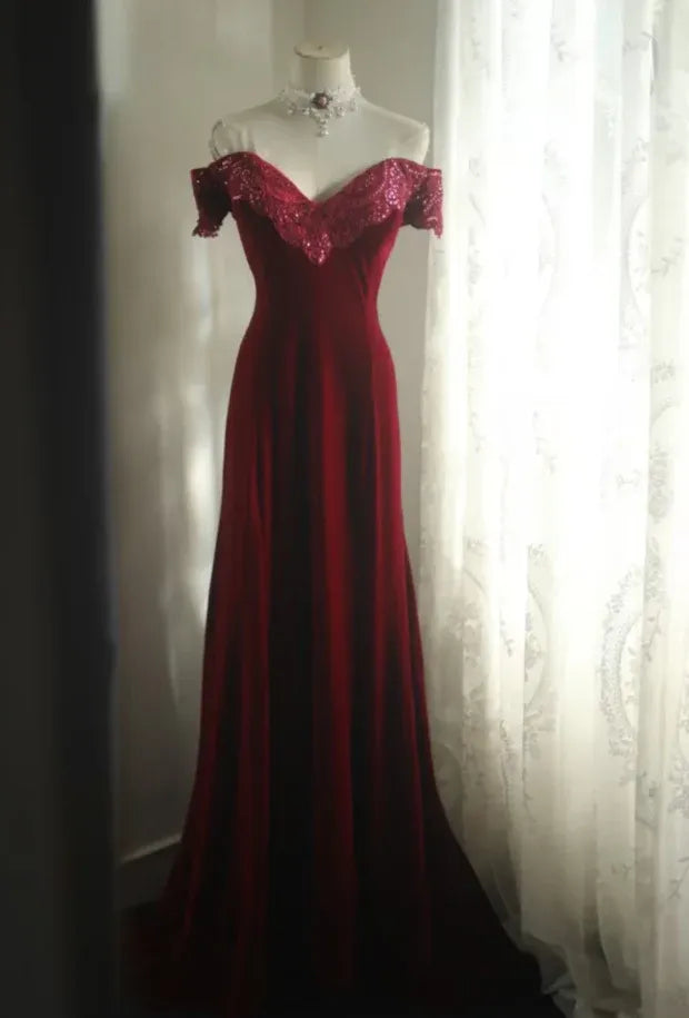 Glamorous Mermaid Off-Shoulder Sequin Velvet Burgundy Train Prom Dress