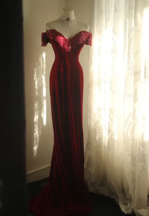 Glamorous Mermaid Off-Shoulder Sequin Velvet Burgundy Train Prom Dress