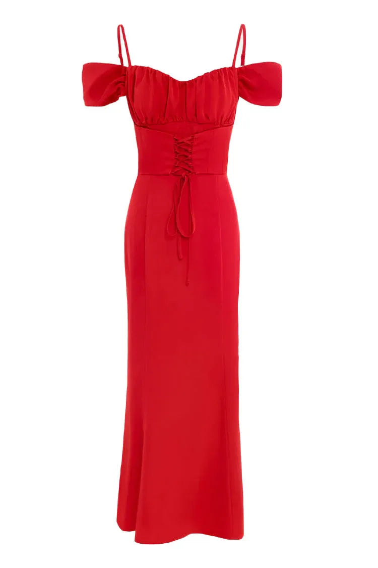 Glamorous Mermaid Off-Shoulder Short-Sleeve Ruched Red Long Prom Dress for Women For Sale