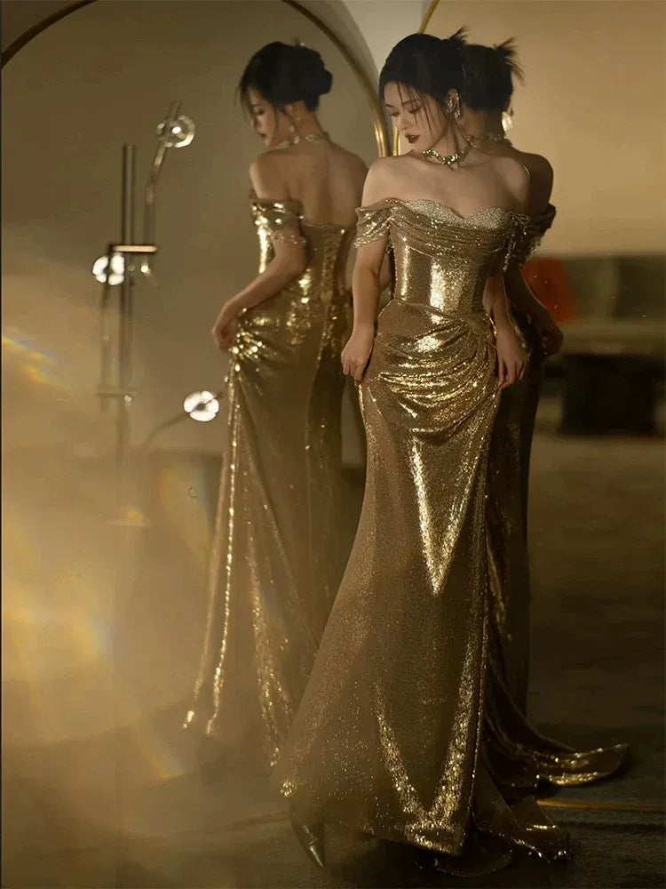 Glamorous Mermaid Off-Shoulder Sleeveless Ruched Sequin Gold Maxi Evening Dress