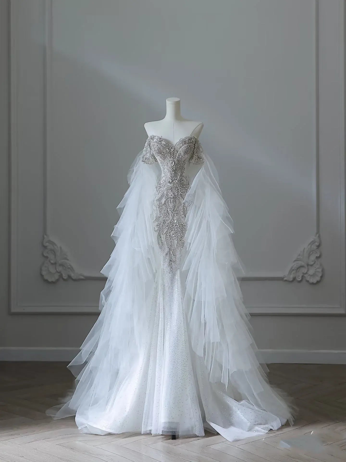 Glamorous Mermaid Off-The-Shoulder Beaded Ruffled White Train Wedding Dress For Sale