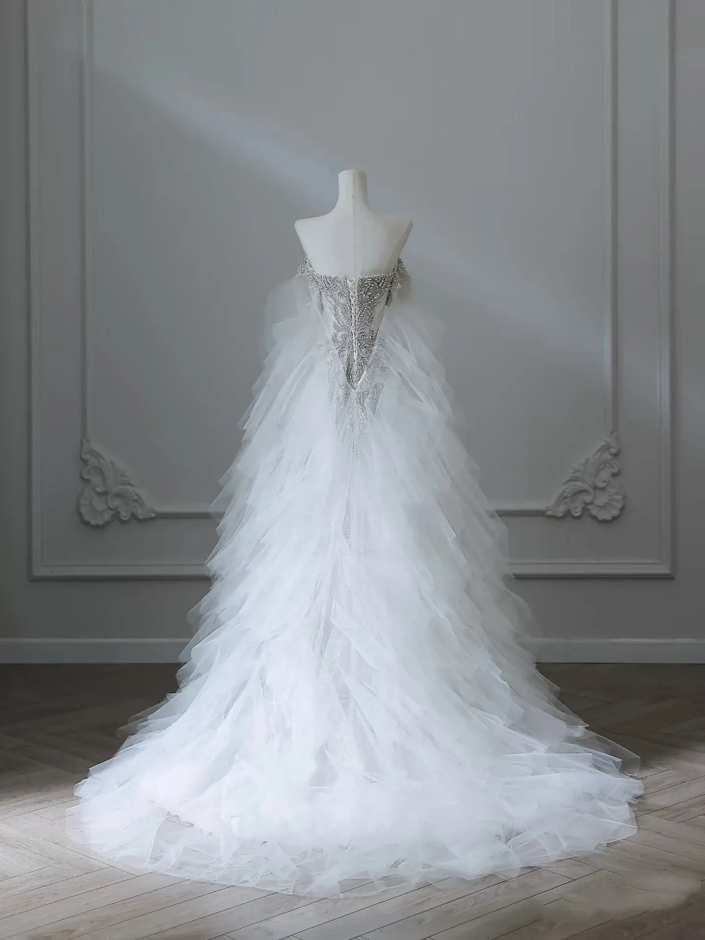 Glamorous Mermaid Off-The-Shoulder Beaded Ruffled White Train Wedding Dress For Sale