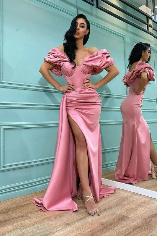 Glamorous Mermaid Off-shoulder Corset Slit Blush Train Prom Dress For Sale