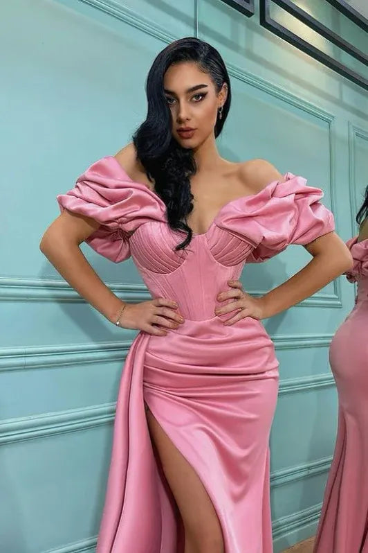 Glamorous Mermaid Off-shoulder Corset Slit Blush Train Prom Dress For Sale