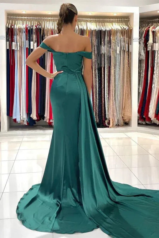 Glamorous Mermaid Off-shoulder Draped Slit Emerald Train Prom Dress For Sale