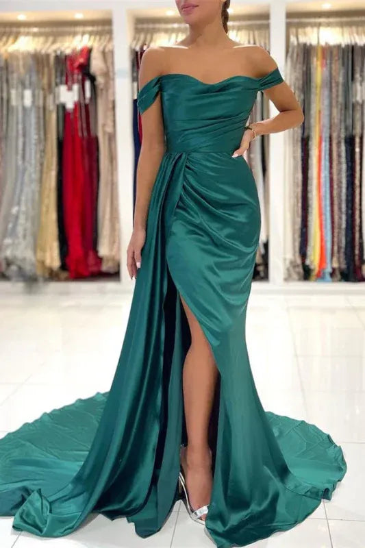 Glamorous Mermaid Off-shoulder Draped Slit Emerald Train Prom Dress For Sale