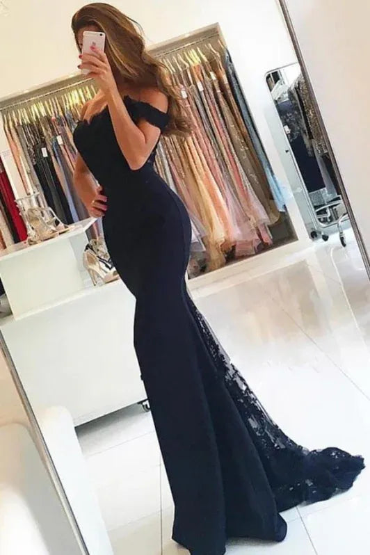 Glamorous Mermaid Off-shoulder Lace Navy Train Prom Dress For Sale