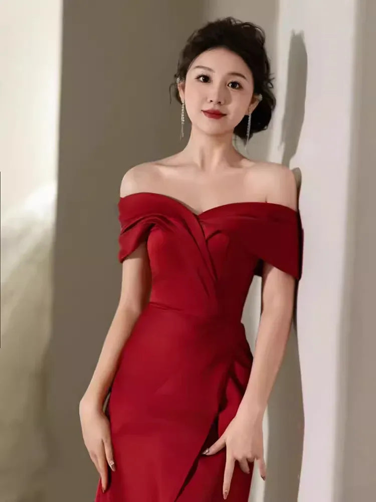 Glamorous Mermaid Off-the-Shoulder Sleeveless Bow Red Maxi Prom Dress for Women Custom