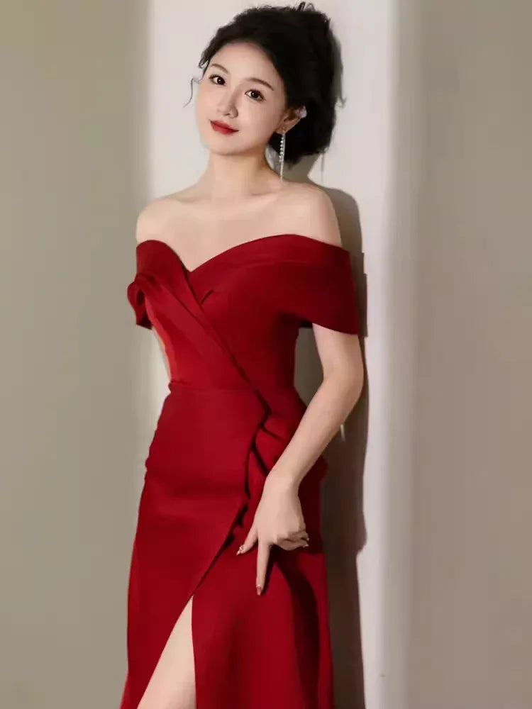 Glamorous Mermaid Off-the-Shoulder Sleeveless Bow Red Maxi Prom Dress for Women Custom