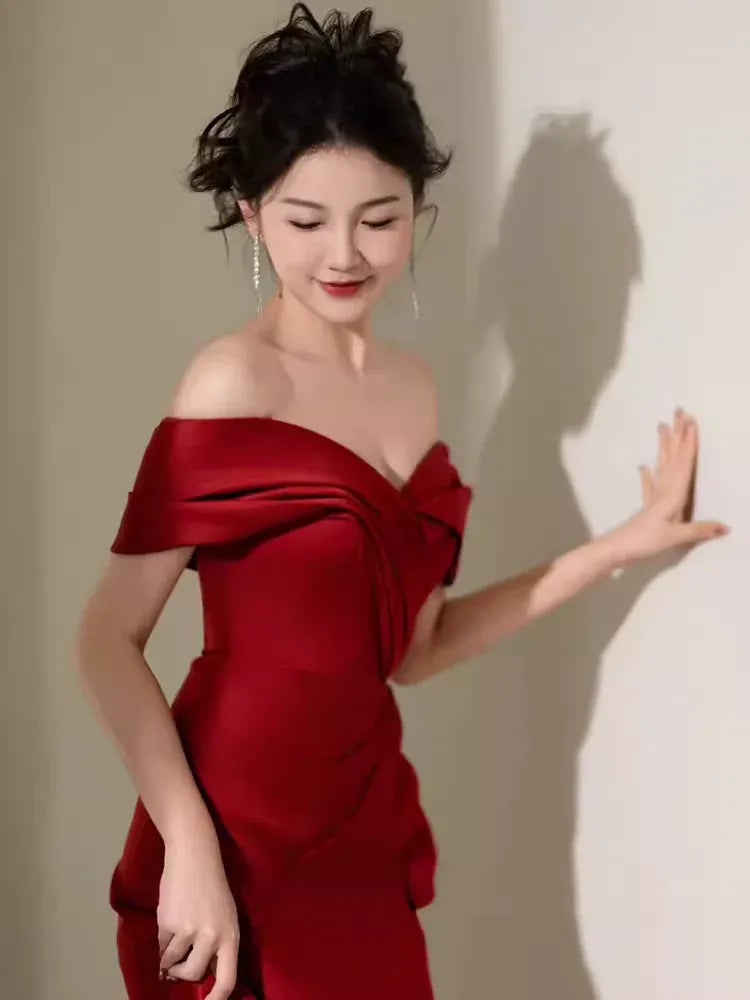 Glamorous Mermaid Off-the-Shoulder Sleeveless Bow Red Maxi Prom Dress for Women Custom