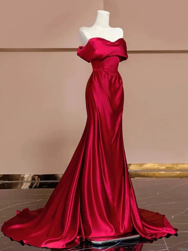 Glamorous Mermaid Off-the-Shoulder Sleeveless Draped Red Train Prom Dress for Women Custom