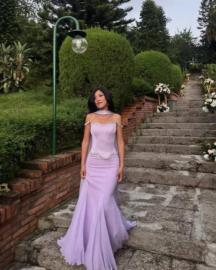 Glamorous Mermaid Off-the-shoulder Beaded Lavender Evening Dress For Ladies Hot Sale
