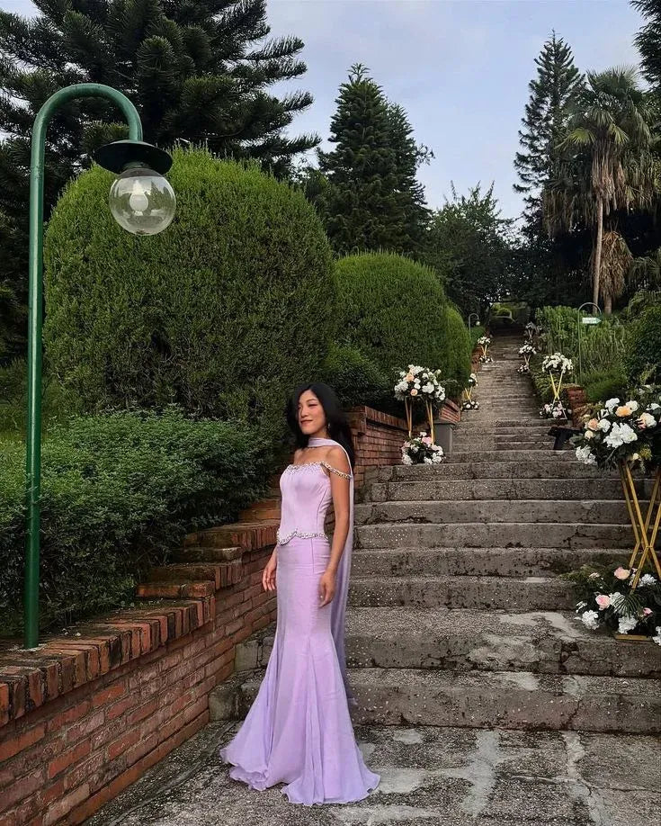 Glamorous Mermaid Off-the-shoulder Beaded Lavender Evening Dress For Ladies Hot Sale