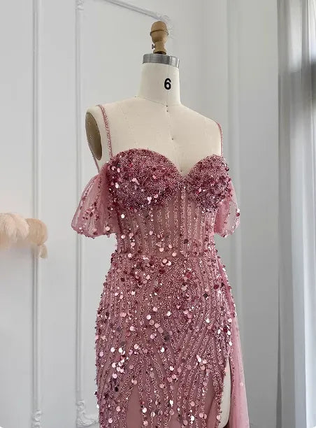 Glamorous Mermaid Off-the-shoulder Short-sleeved Sequin Dusty Rose Maxi Prom Dress for Women Ready to Ship
