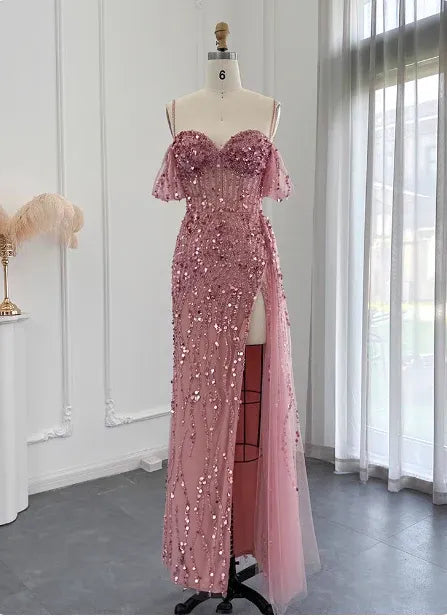 Glamorous Mermaid Off-the-shoulder Short-sleeved Sequin Dusty Rose Maxi Prom Dress for Women Ready to Ship
