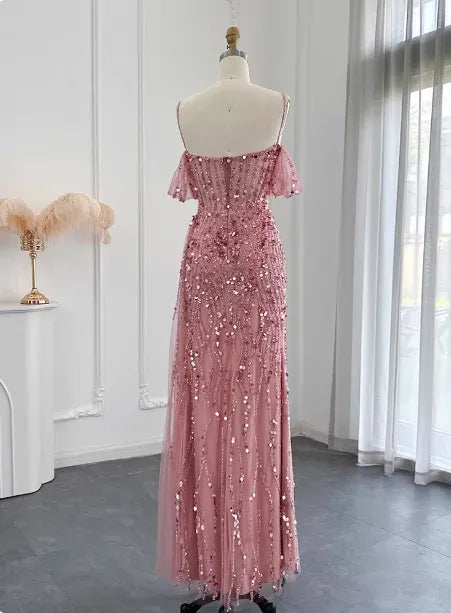 Glamorous Mermaid Off-the-shoulder Short-sleeved Sequin Dusty Rose Maxi Prom Dress for Women Ready to Ship