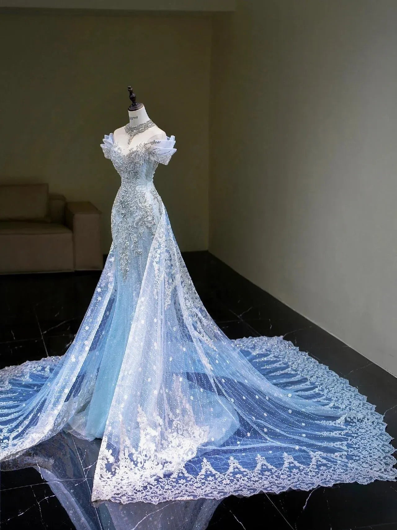 Glamorous Mermaid Off Shoulder Beaded Light Blue Floor-Length Evening Dresses