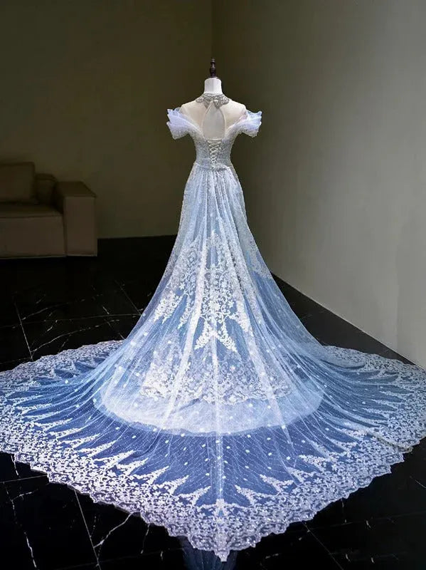 Glamorous Mermaid Off Shoulder Beaded Light Blue Floor-Length Evening Dresses