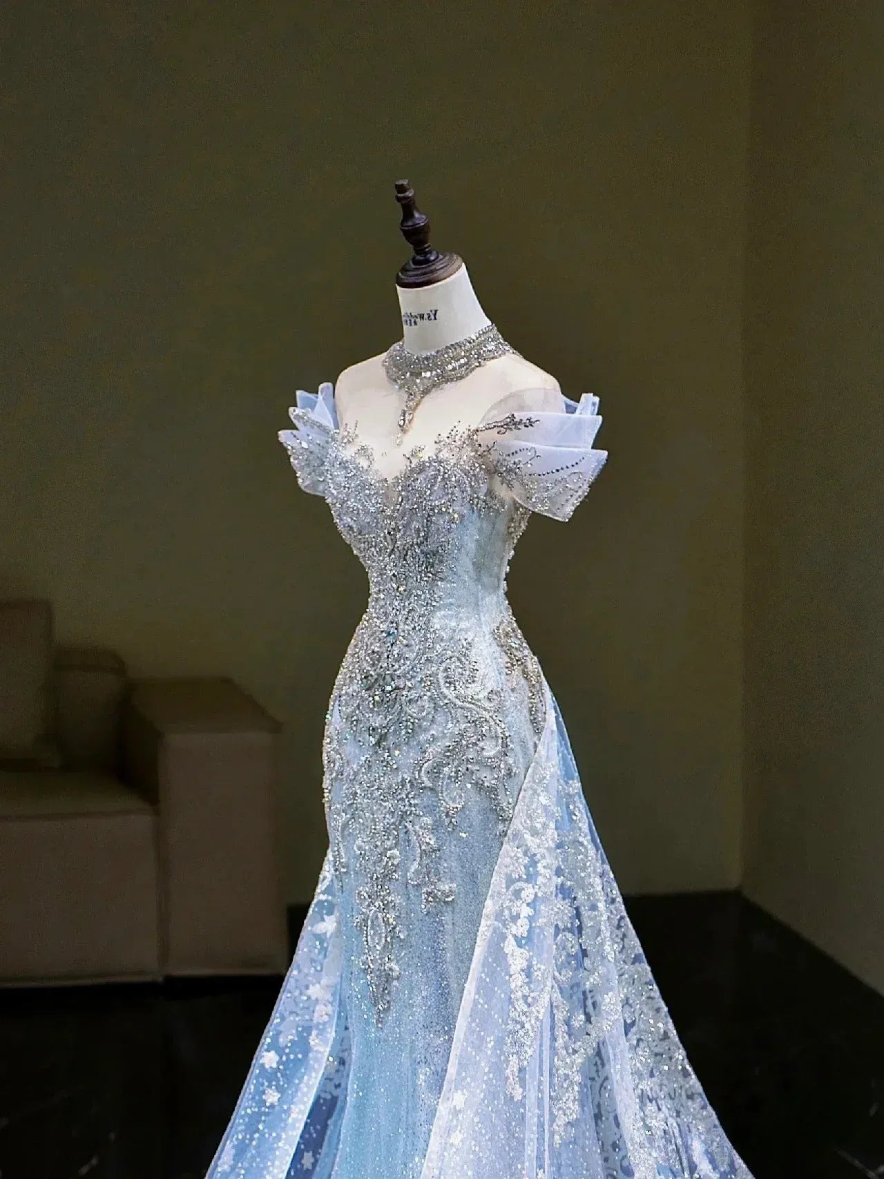 Glamorous Mermaid Off Shoulder Beaded Light Blue Floor-Length Evening Dresses