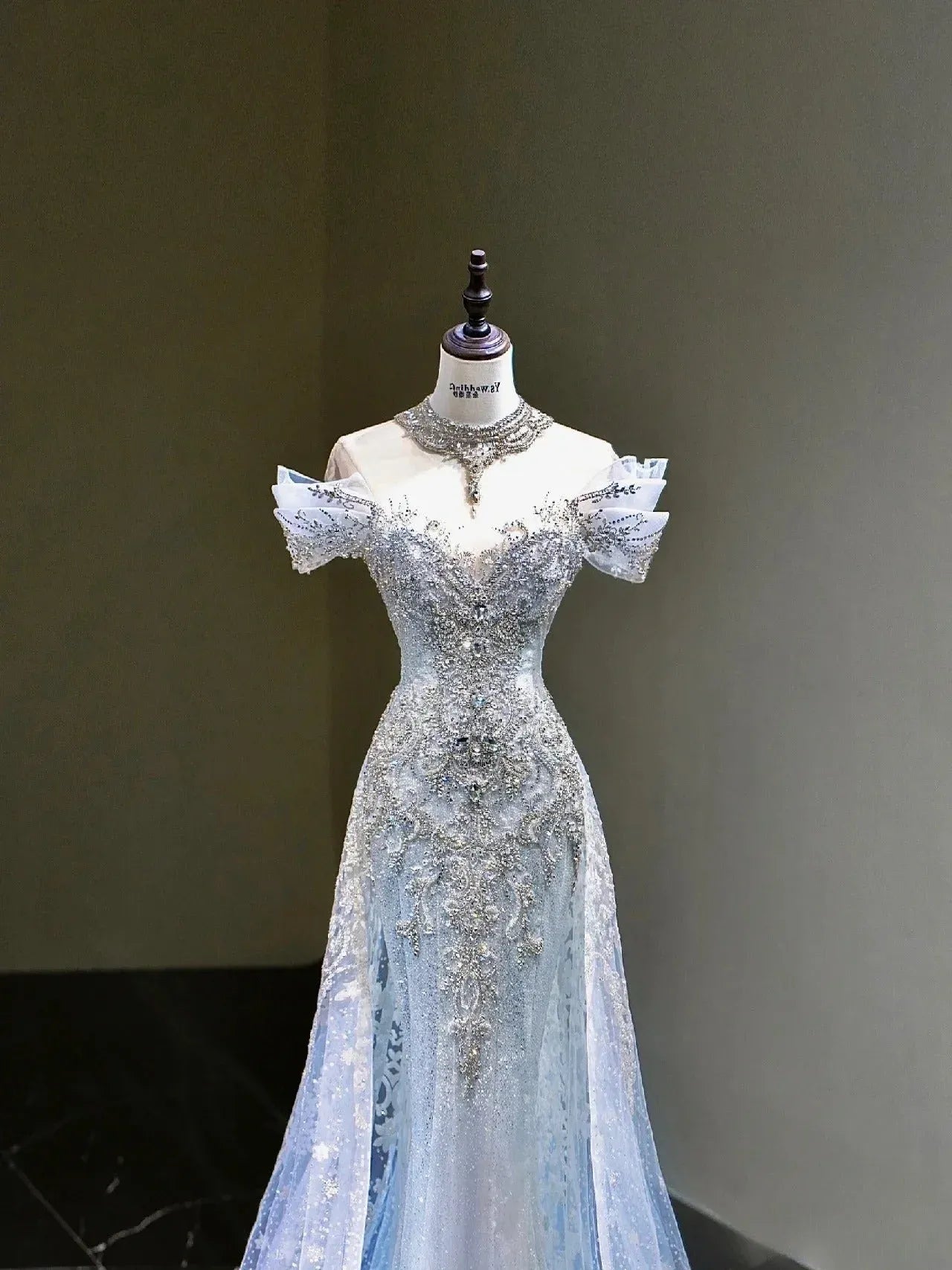 Glamorous Mermaid Off Shoulder Beaded Light Blue Floor-Length Evening Dresses