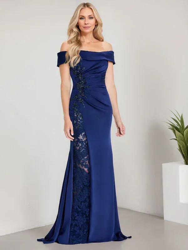Glamorous Mermaid Off Shoulder Beaded Navy Floor-Length Mother of the Bride Dresses