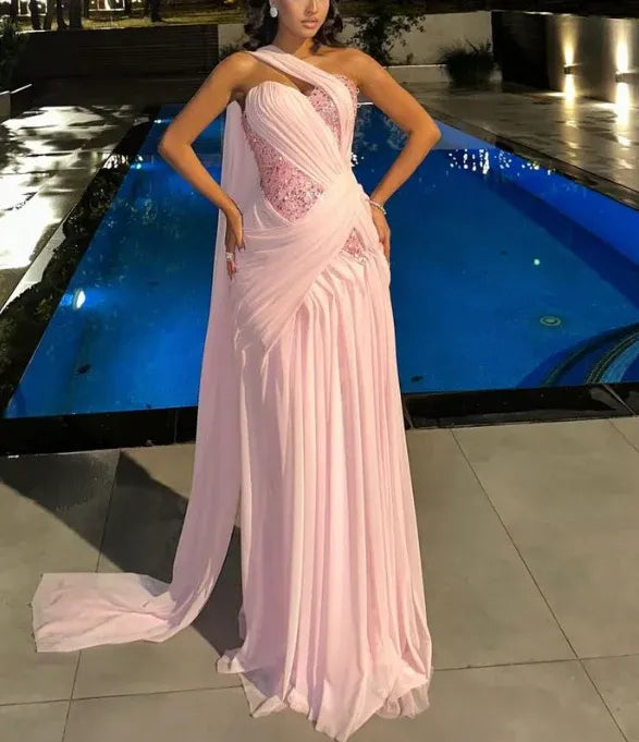 Glamorous Mermaid One-Shoulder Sleeveless Beaded Blush Pink Maxi Prom Dress for Women Custom