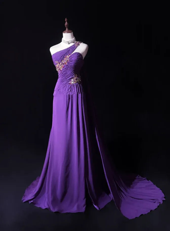Glamorous Mermaid One-Shoulder Sleeveless Beaded Purple Maxi Prom Dress for Women Custom