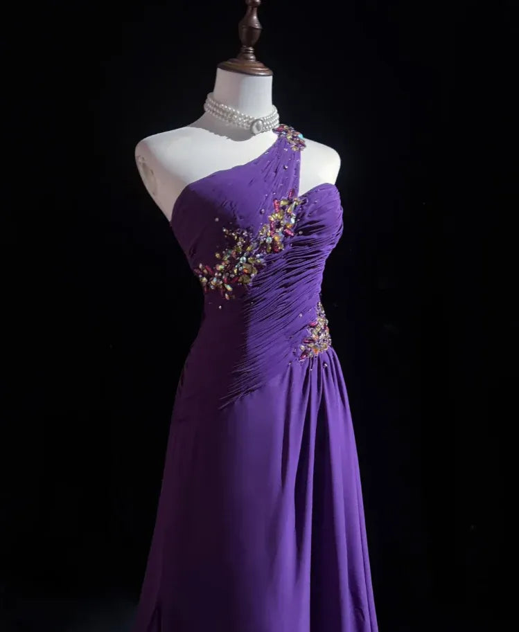 Glamorous Mermaid One-Shoulder Sleeveless Beaded Purple Maxi Prom Dress for Women Custom