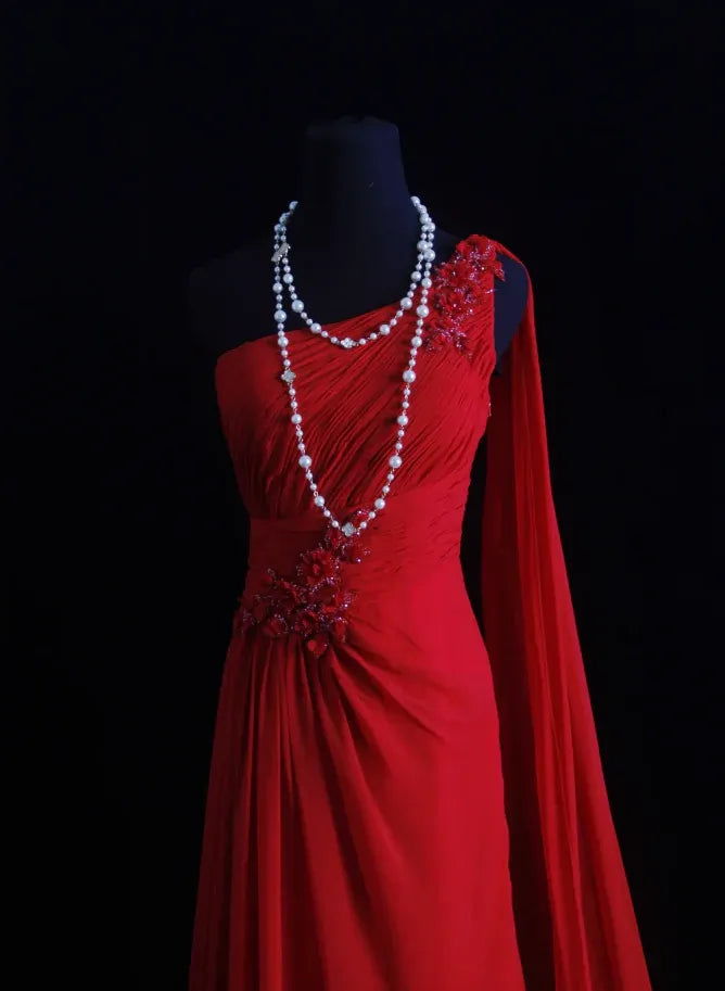 Glamorous Mermaid One-Shoulder Sleeveless Beaded Red Maxi Prom Dress for Women Custom
