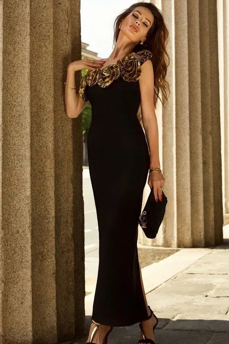 Glamorous Mermaid One-Shoulder Sleeveless Gold Floral-Accented Black Maxi Prom Dress for Women ready to ship