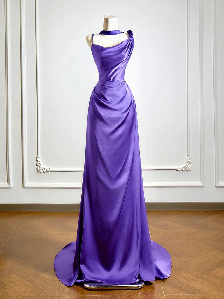 Glamorous Mermaid One-shoulder Sleeveless Draped Purple Maxi Prom Dress for Women Custom