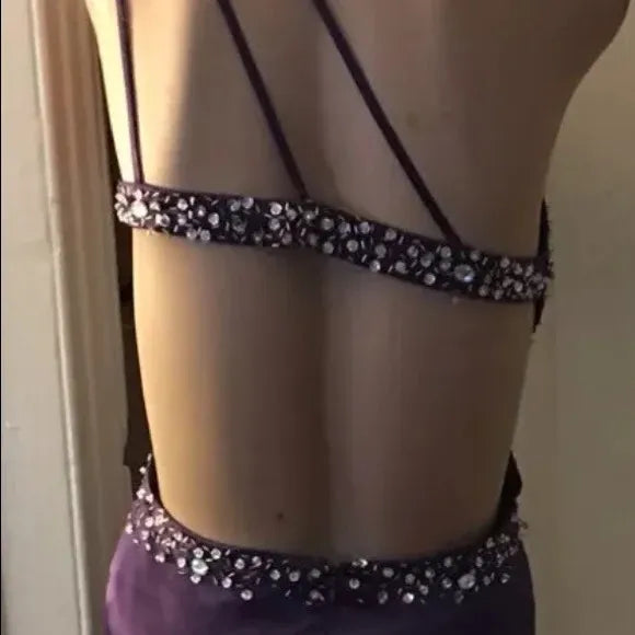 Glamorous Mermaid One Shoulder Beaded Ruched Purple Train Prom Dress