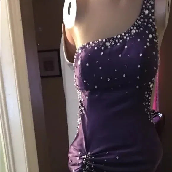 Glamorous Mermaid One Shoulder Beaded Ruched Purple Train Prom Dress