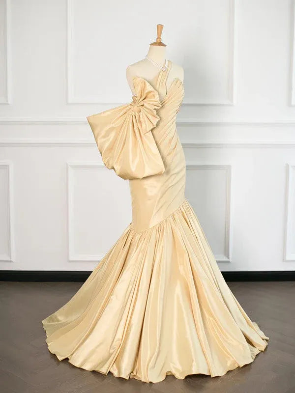 Glamorous Mermaid One Shoulder Bow Detail Gold Long Prom Dresses