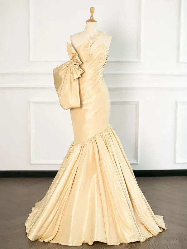 Glamorous Mermaid One Shoulder Bow Detail Gold Long Prom Dresses