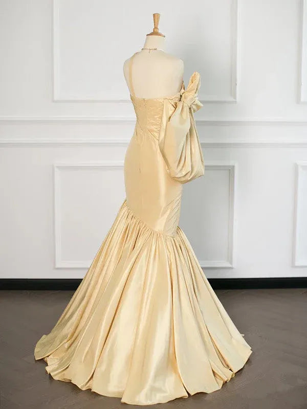 Glamorous Mermaid One Shoulder Bow Detail Gold Long Prom Dresses