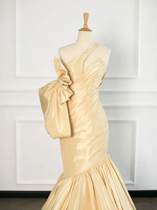 Glamorous Mermaid One Shoulder Bow Detail Gold Long Prom Dresses