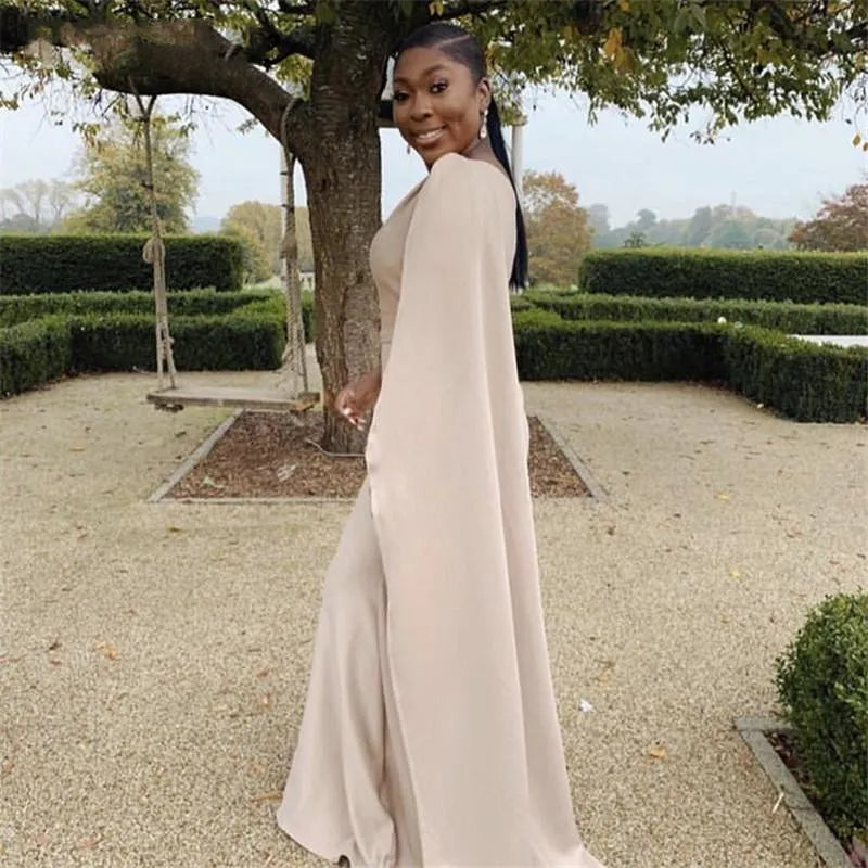 Glamorous Mermaid One Shoulder Cape Sleeve Nude Floor Length Prom Dress