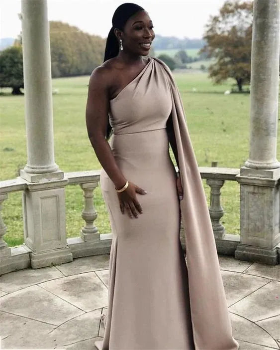 Glamorous Mermaid One Shoulder Cape Sleeve Nude Floor Length Prom Dress