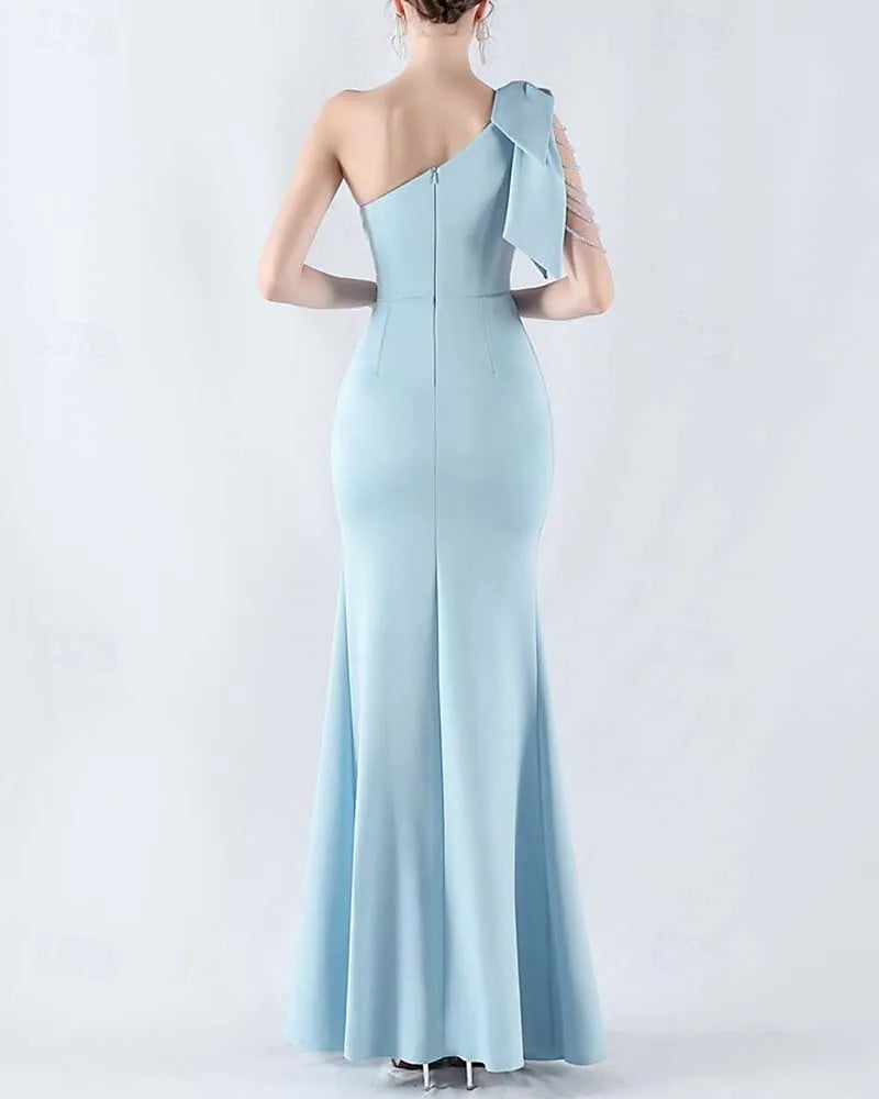 Glamorous Mermaid One Shoulder Lace Beaded Slit Sky Blue Prom Dress