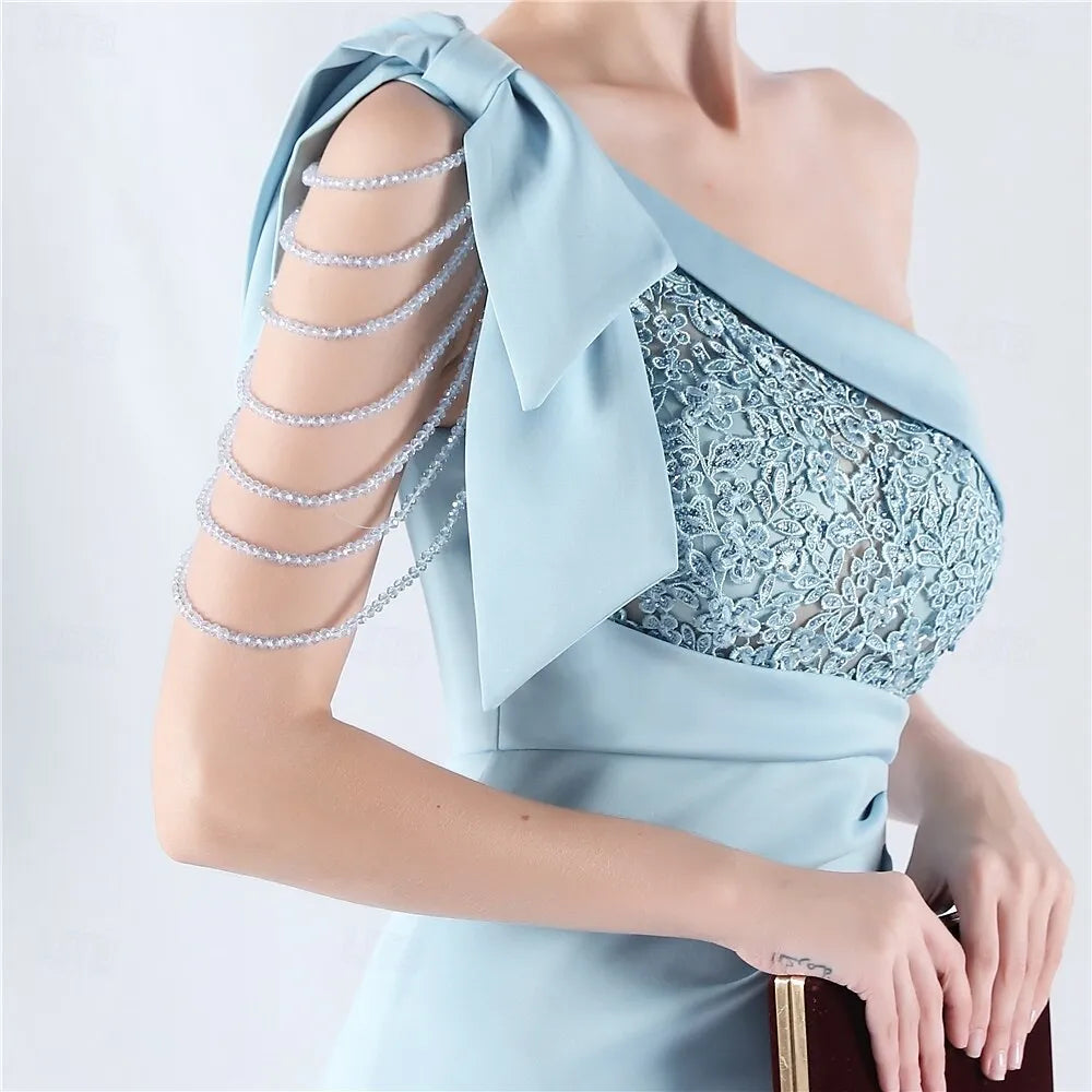 Glamorous Mermaid One Shoulder Lace Beaded Slit Sky Blue Prom Dress
