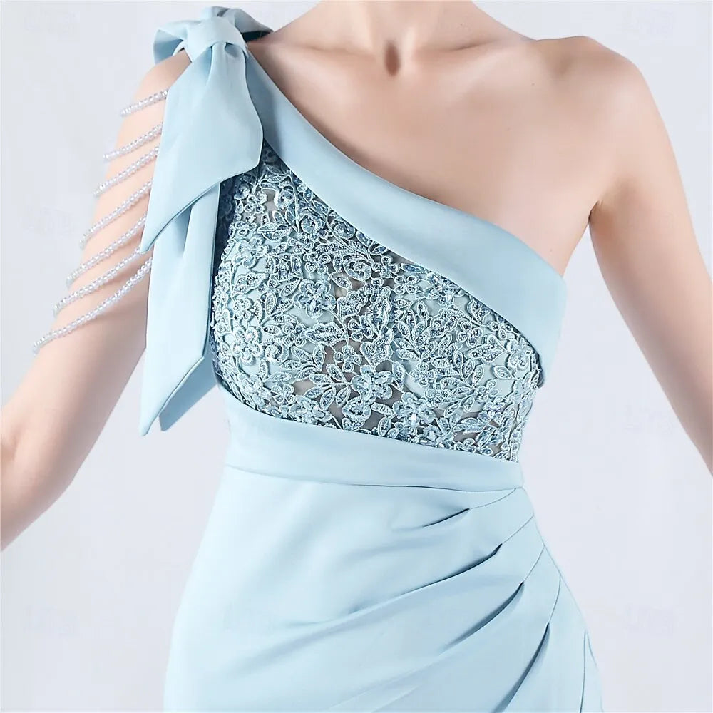 Glamorous Mermaid One Shoulder Lace Beaded Slit Sky Blue Prom Dress