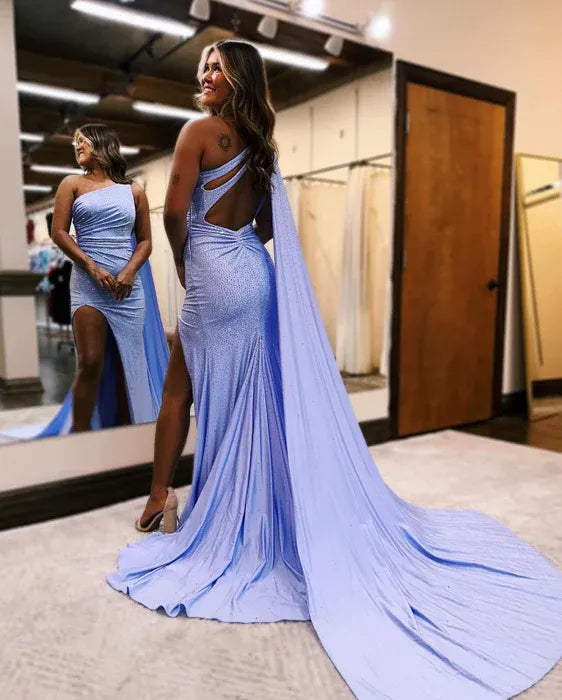 Glamorous Mermaid One Shoulder Ruched Cape Light Blue Train Evening Dress For Sale