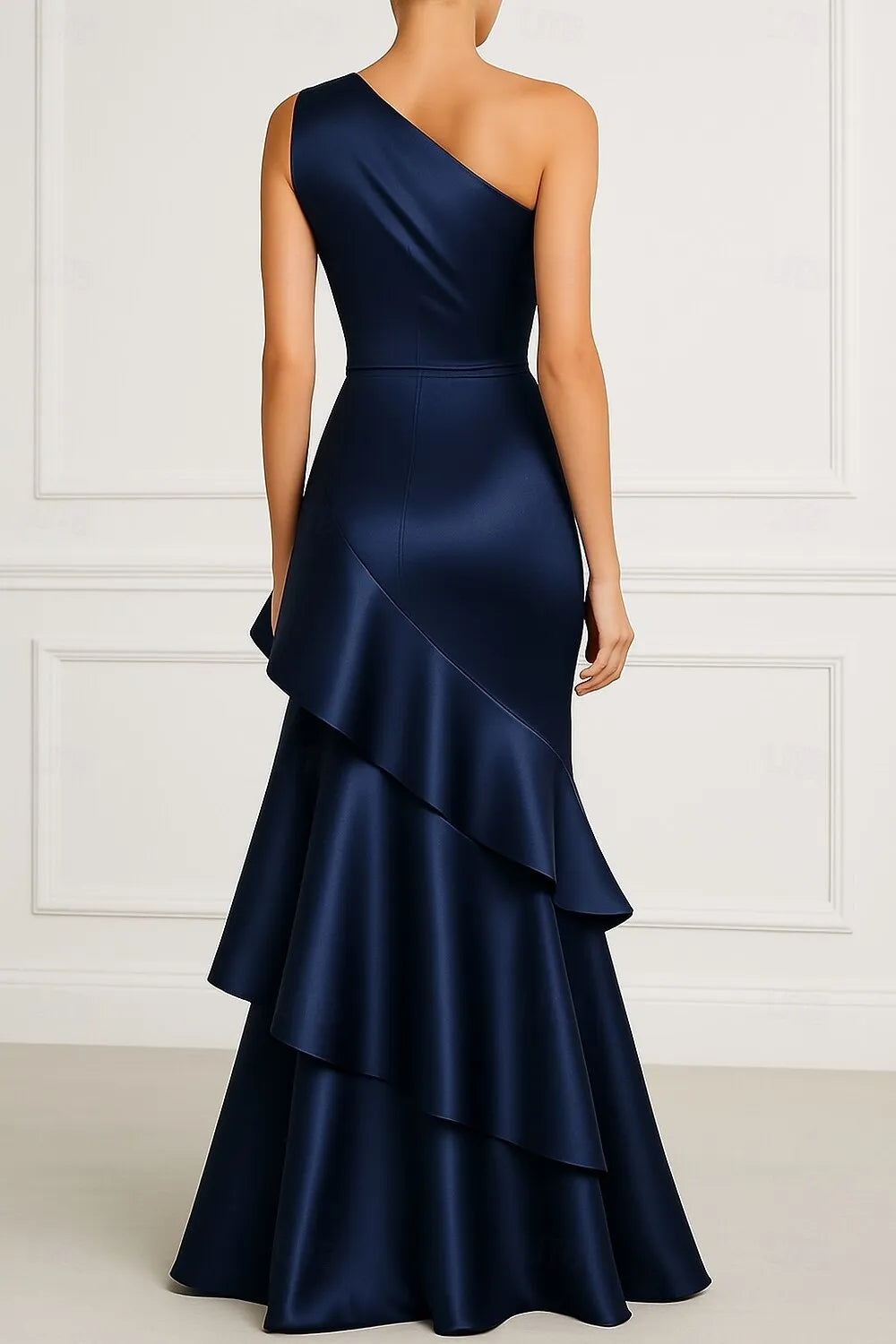Glamorous Mermaid One Shoulder Ruffle Navy Blue Floor Length Prom Dress Hot Sale