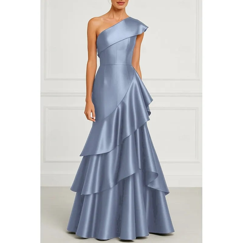 Glamorous Mermaid One Shoulder Ruffle Navy Blue Floor Length Prom Dress Hot Sale