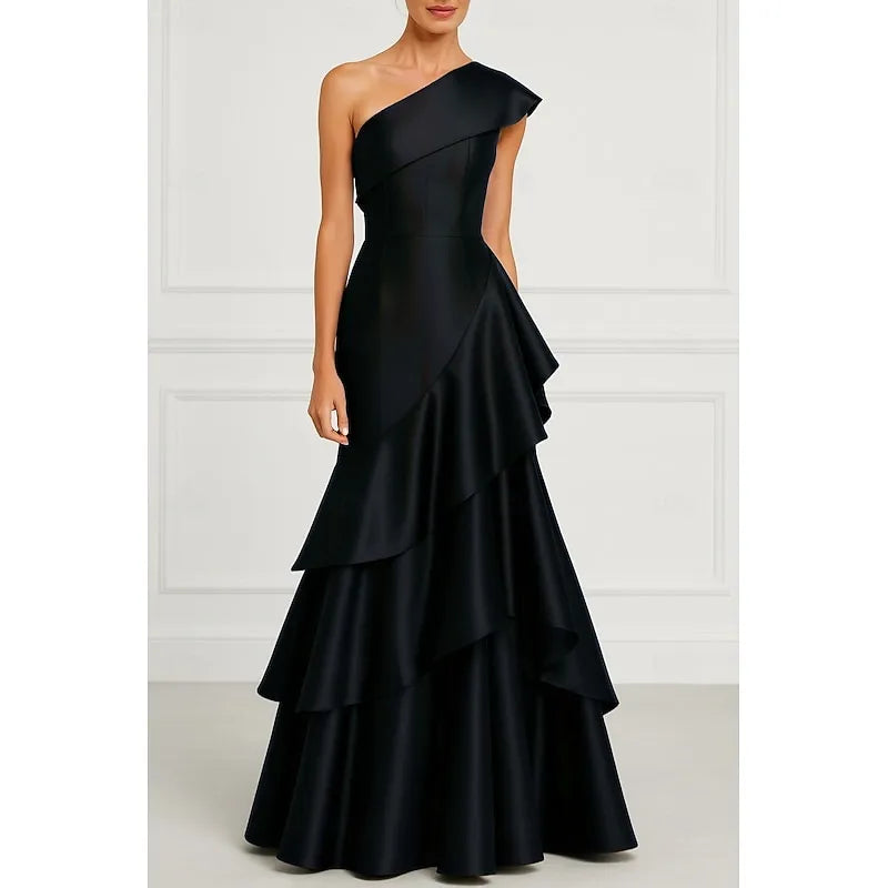 Glamorous Mermaid One Shoulder Ruffle Navy Blue Floor Length Prom Dress Hot Sale