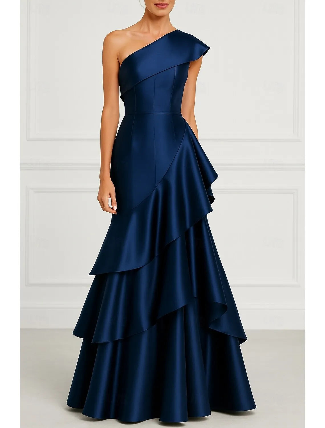 Glamorous Mermaid One Shoulder Ruffle Navy Blue Floor Length Prom Dress Hot Sale