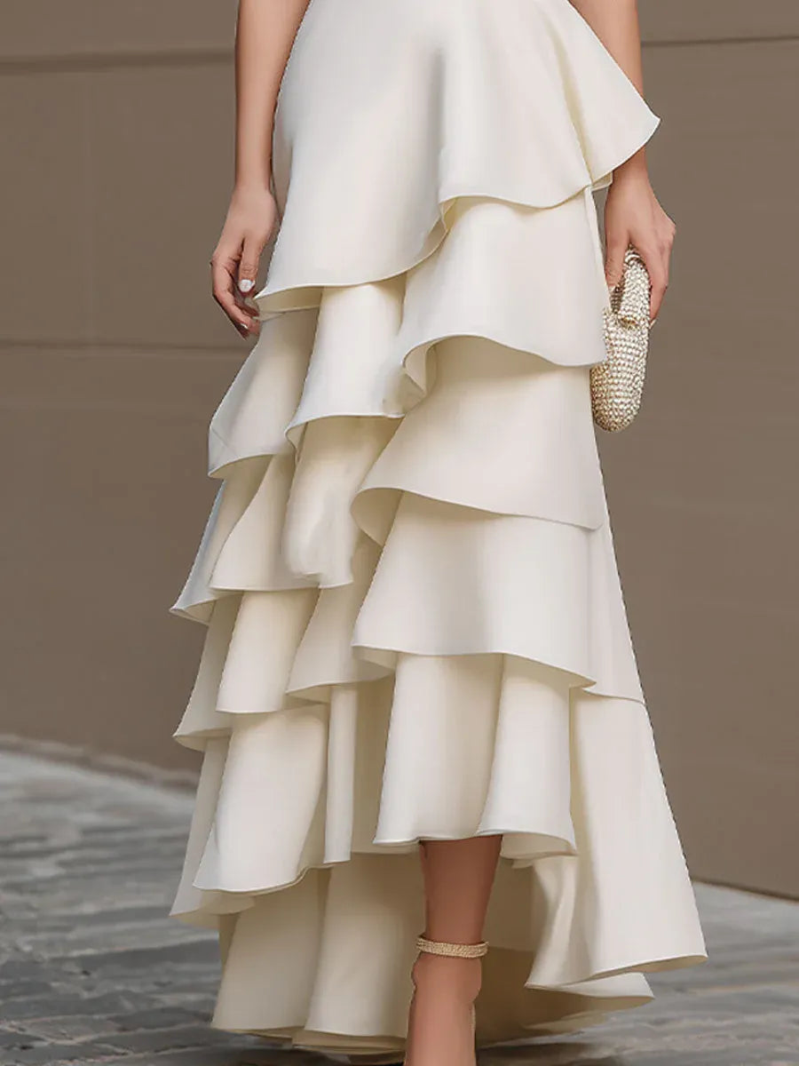 Glamorous Mermaid One Shoulder Tiered Ruffled Ivory High-Low Prom Dresses