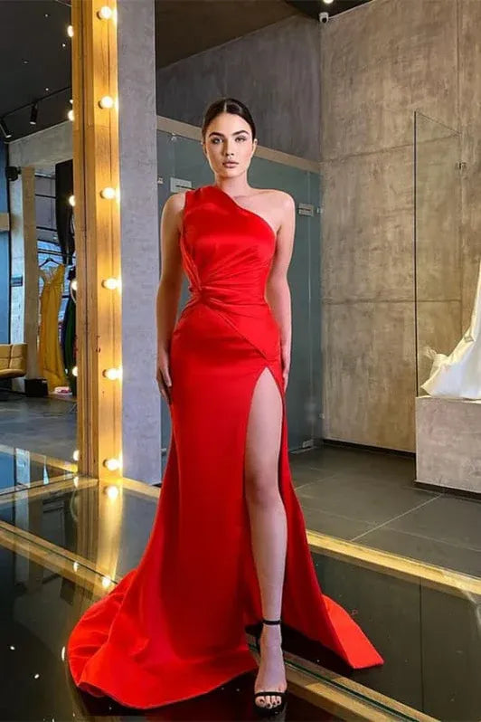 Glamorous Mermaid One Shoulder Twisted High Slit Red Floor Length Prom Dress
